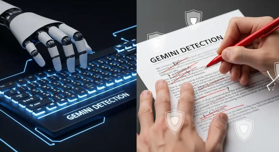 Gemini AI bypass detection: AI hand typing, human editing text for detection.